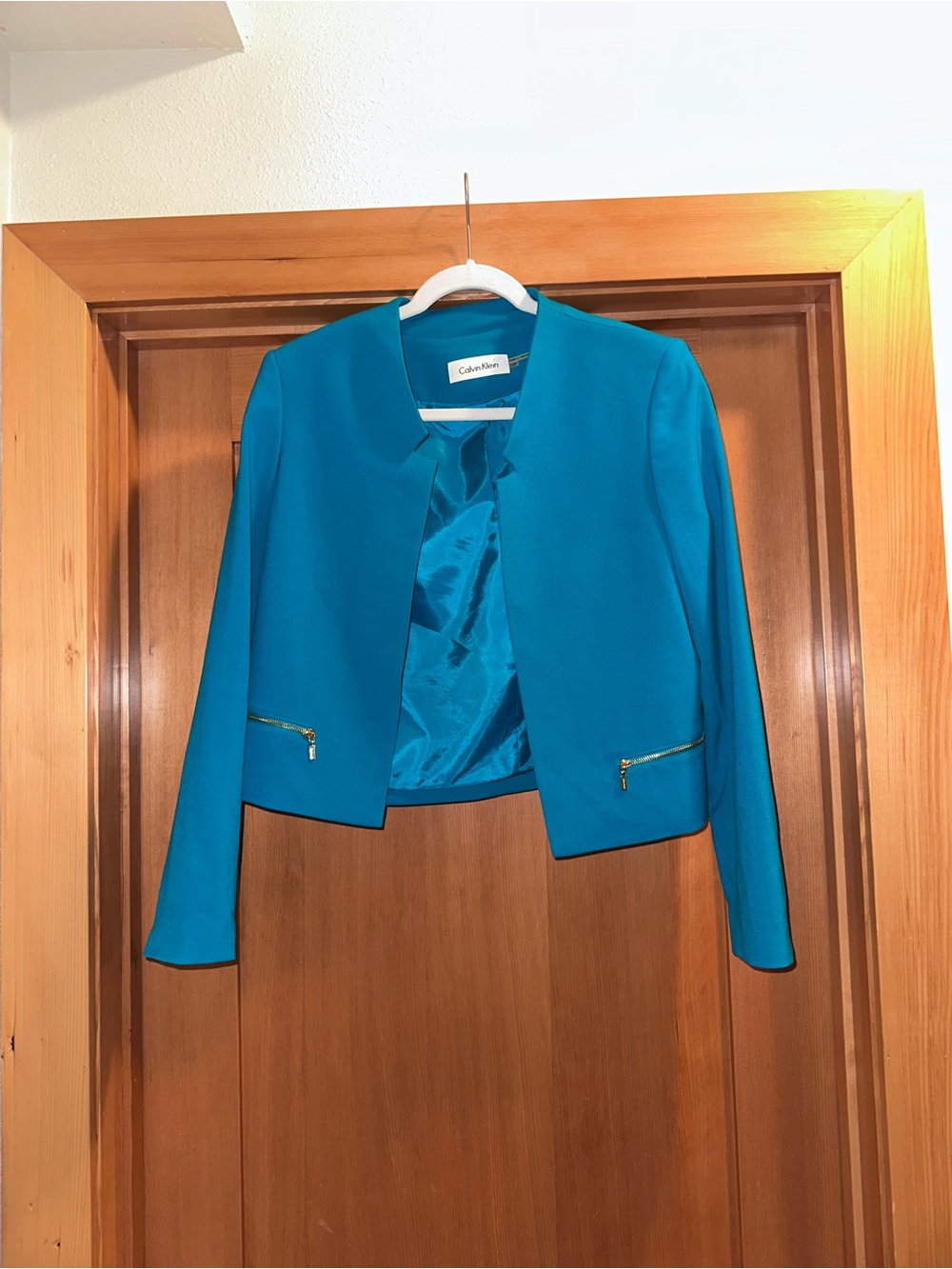 Calvin Klein Teal Open-Front Cropped Blazer with Gold Zipper Accents